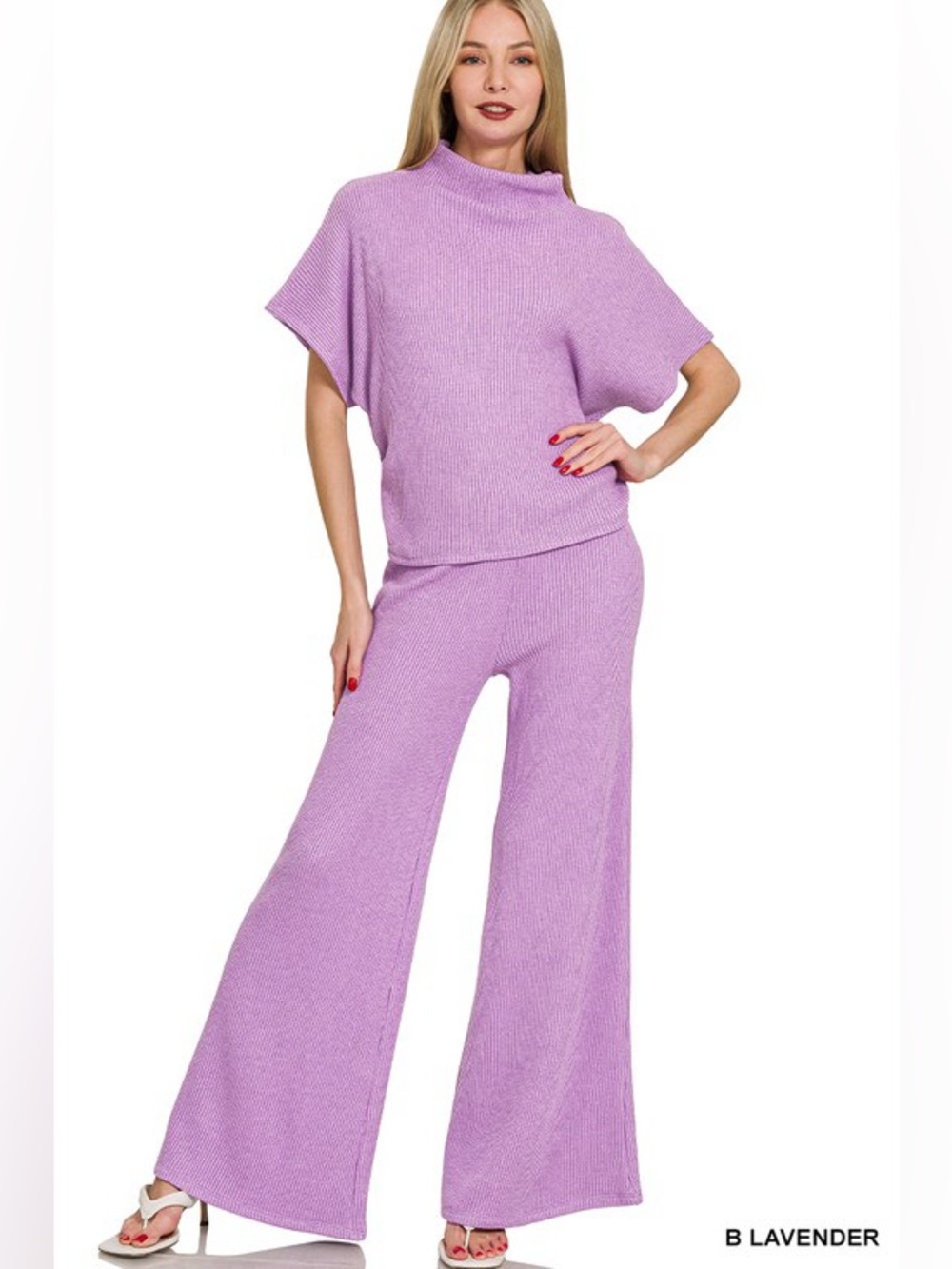 NWT 2pc ZENANA LAVENDER SWEATER MOCK NECK TOP & LONG PANTS SET SOFT COMFY - Picture 1 of 9